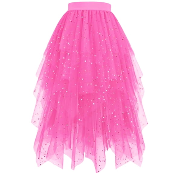 Ynynloco Womens A-Line Glitter Star Asymmetrical Tulle Tutu Skirt Flowy Fairy Sparkle Party Mesh Tea Length Big Hem Skirts