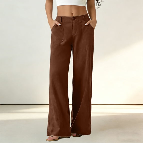 Ynynloco Womens Cotton Linen High Waisted Cropped Wide Leg Stretchy Straight Pants Trousers Button Down Business Work Sweatpants with Pockets