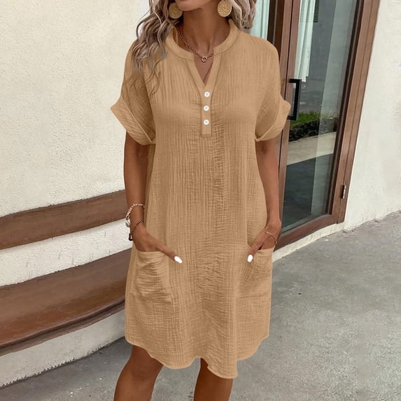 Ynynloco Womens Cotton Shirt Dress Spring Summer Casual Short Sleeve Button Down Loose Beach Cover Up Shirts with Pockets