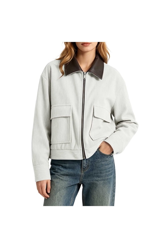 Womens Cropped Corduroy Jackets with Pockets Causal Contrast Collar Zip Up Long Sleeve Baseball Work Out Jackets for Daily Matching