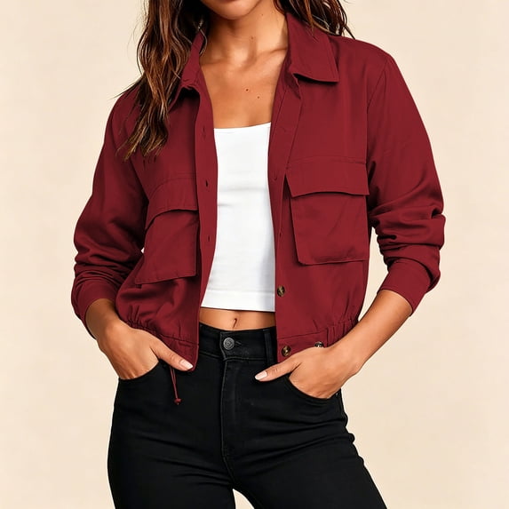 Ynynloco Womens Cropped Jacket Button Down Lightweight Oversized Utility Safari Anorak Coat with Pockets