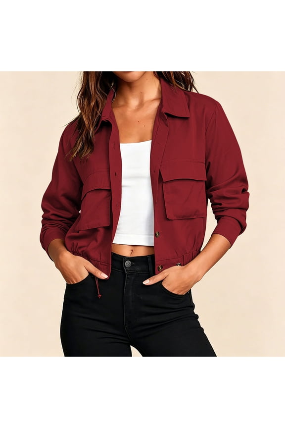 Womens Cropped Jacket Button Down Lightweight Oversized Utility Safari Anorak Coat with Pockets