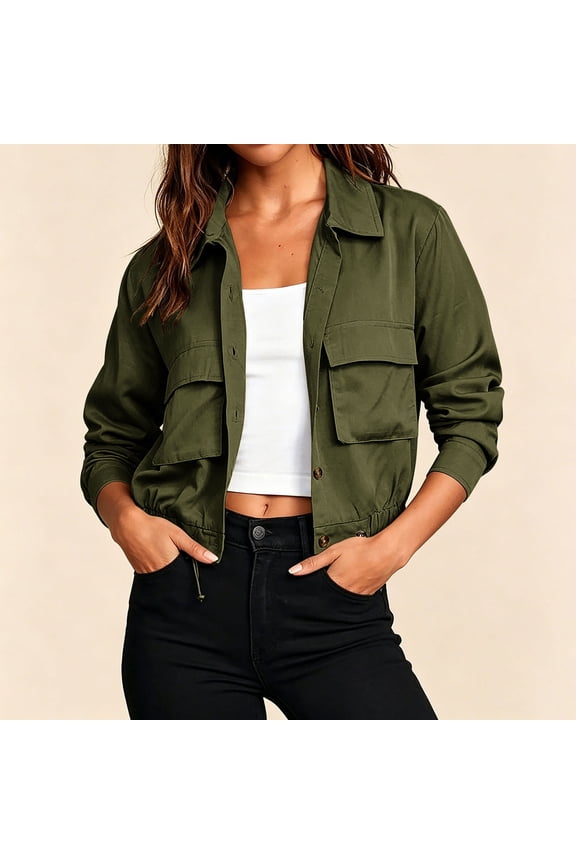 Womens Cropped Jacket Button Down Lightweight Oversized Utility Safari Anorak Coat with Pockets