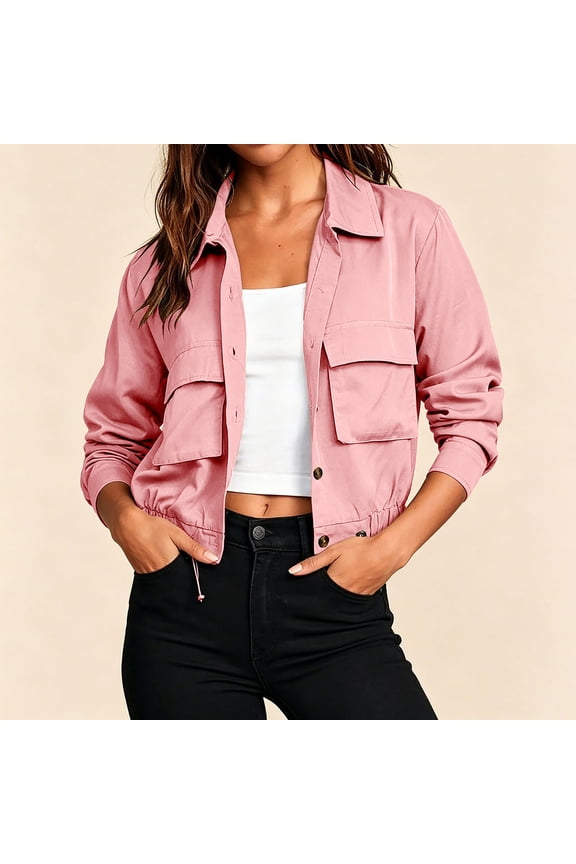 Womens Cropped Jacket Button Down Lightweight Oversized Utility Safari Anorak Coat with Pockets