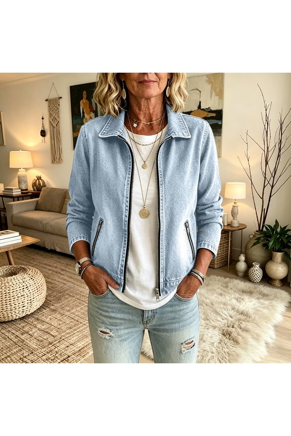 Womens Cropped Jean Jacket Basic Trendy Long Sleeve Denim Jackets Fitted Western Coat with Pockets