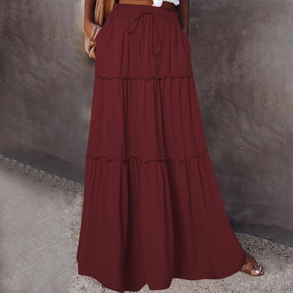 Ynynloco Womens Drawstring High Waist Pleated Ruffle Tiered Maxi Skirt Flowy A-Line Casual Beach Boho Skirt with Pockets