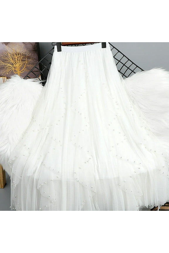 Womens Elastic High Waist Beaded Tulle Maxi Skirt Mesh Aline Flared Elastic Waist Tiered Ruffle Party Skirt