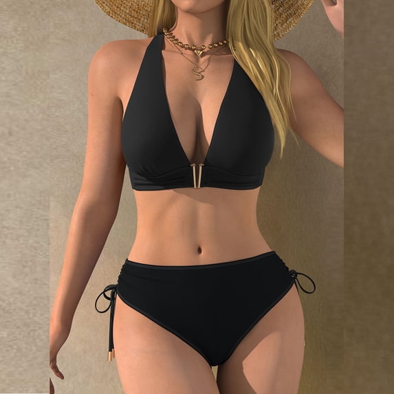 Ynynloco Womens Halter V-Neck Bikini Sets Sexy Two Piece Halter Swimsuits with Gold Hardware String Cutout Bathing Suit Swim Suits for Beach Pool