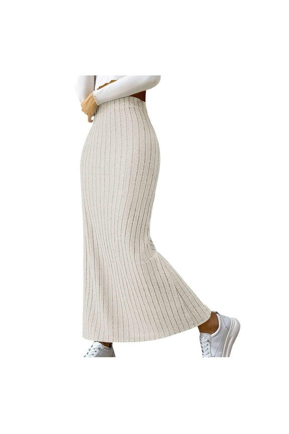 Womens High Waist Ribbed Knit Maxi Flowy Long Pencil Skirt Flared Hem Bodycon Casual Long Skirt