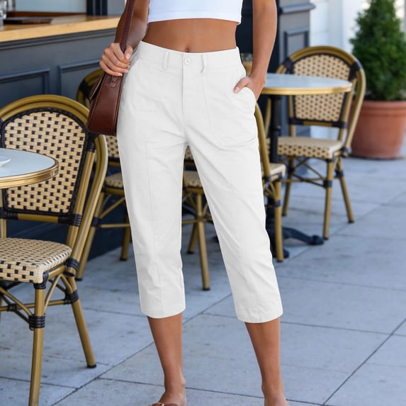 Ynynloco Womens High Waisted Cropped Capri Pants High Waisted Button Up Stretchy Straight Pants Trousers with Pockets