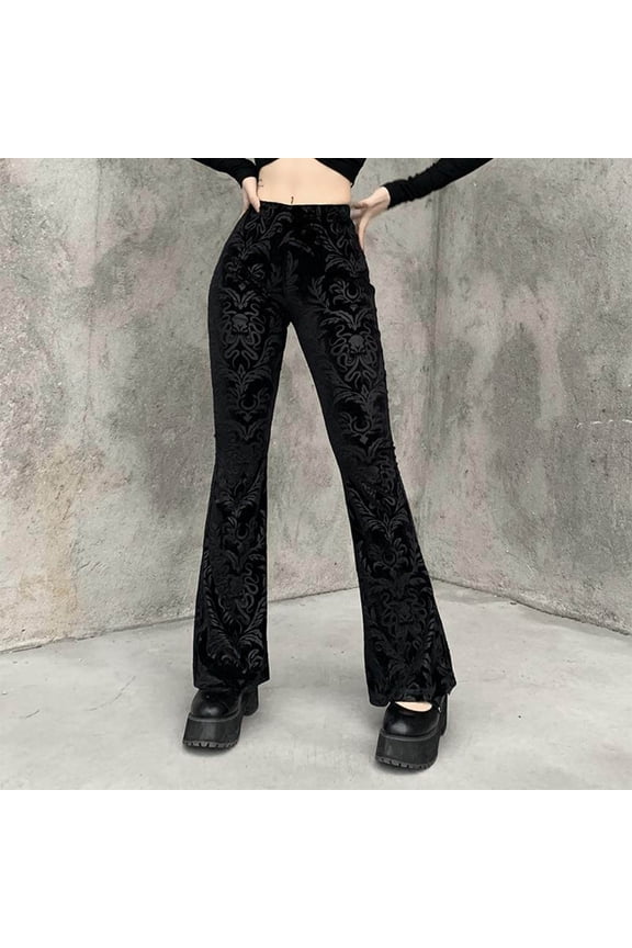 Womens High Waisted Flared Yoga Pants Vintage Steampunk Gothic Leggings Soft Cotton Embroidery Bell Bottom Trousers
