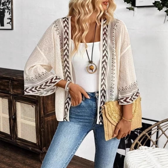 Ynynloco Womens Lightweight Crochet Cardigan Sweaters Open Front 3/4 Sleeve Knit Kimono Summer Bohemian Geometric Cover Up