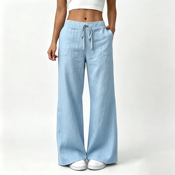 Ynynloco Womens Linen Pants Wide Leg High Waisted Pull On Drawstring Casual Baggy Flowy Pants with Pockets