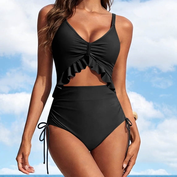 Ynynloco Womens One Piece Swimsuit Tummy Control Ruffled Bathing Suit V Neck Cutout Swim Suit Tie Swimwear