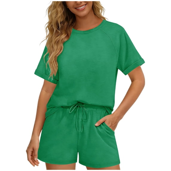 Ynynloco Womens Pajama Sets Short Sleeve Round Neck Lounge Sets 2 Piece Pjs Set Outfits Matching Loungewear with Pockets