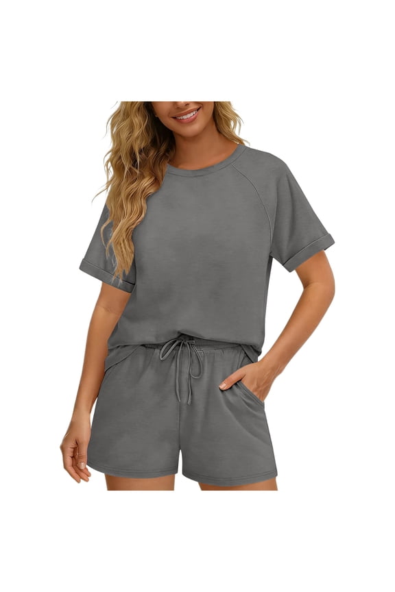 Womens Pajama Sets Short Sleeve Round Neck Lounge Sets 2 Piece Pjs Set Outfits Matching Loungewear with Pockets
