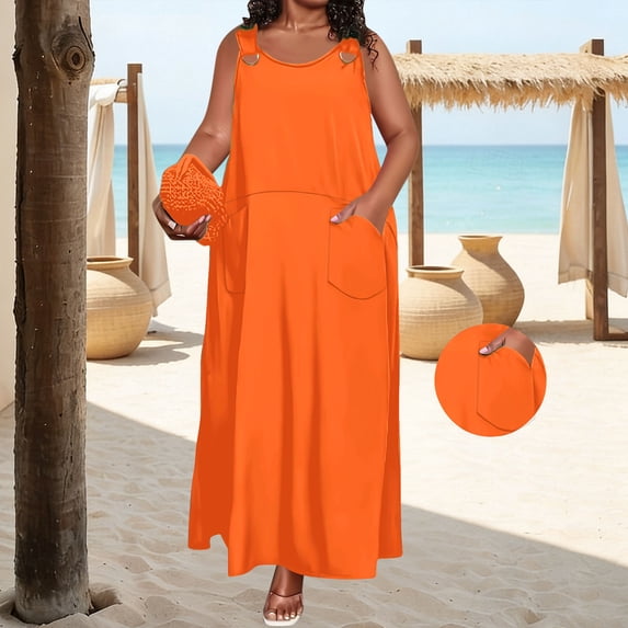Ynynloco Womens Plus Size Maxi Dress with Pockets Casual Ring Strap Loose Plain Long Office Summer Fall Beach Travel Dresses L-5XL