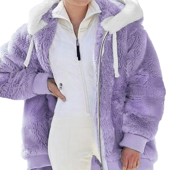 Ynynloco Womens Plus Size Winter Casual Fuzzy Fleece Jacket Hooded Purple Long SLeeve Cardigan Coats Outerwear with Pockets