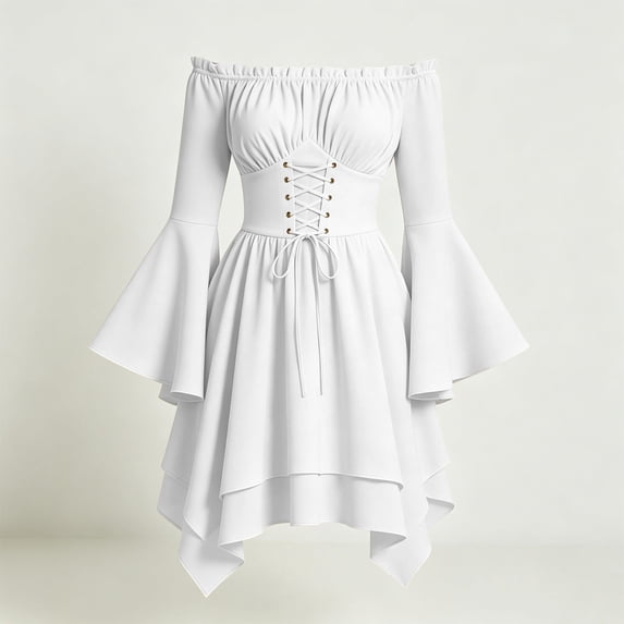 Ynynloco Womens Renaissance Dress Corset Dress Off Shoulder Bell Sleeve Medieval Costume Victorian Party Lace Up Bustier Witch Wedding Under Dress