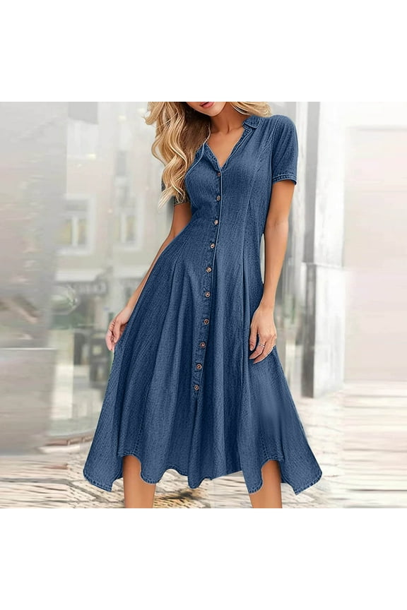Womens Short Sleeve Denim Mini Dress Casual Loose Fit Button Down Long Jean Dresses Spring Work Dress