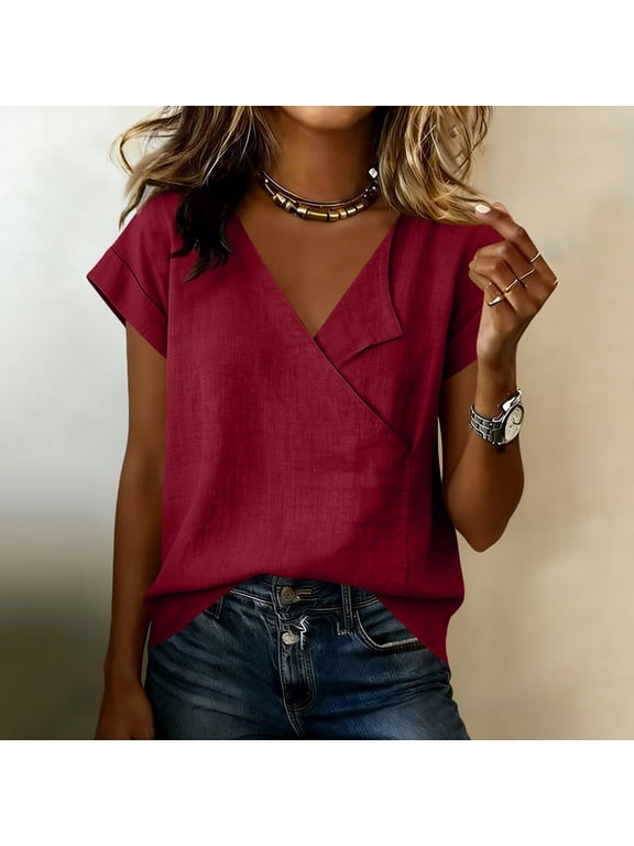 Womens Short Sleeve V Neck Wrap Front Blouses Tops Loose Fit Linen Tunic Top