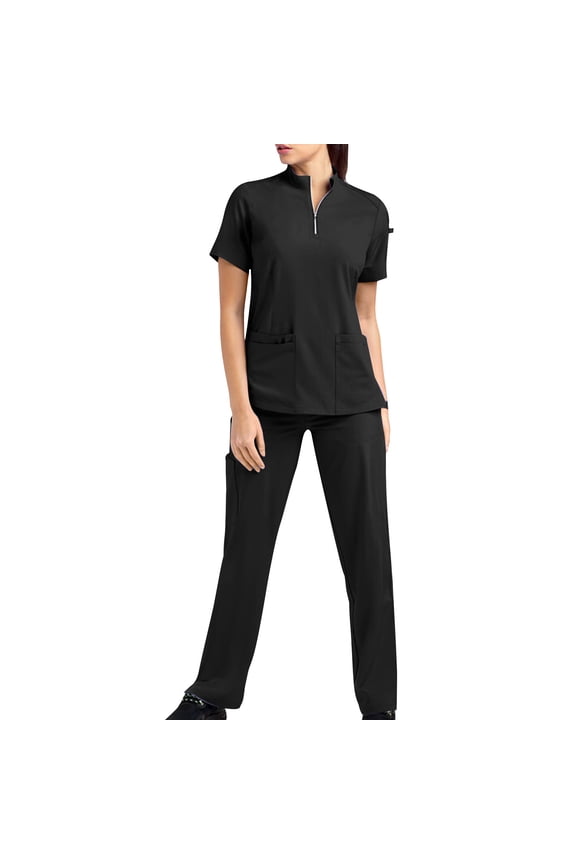 Womens Solid Color 2 Piece Scrubs Set 1/4 Zipper Mock Neck Scrub Tops with Jogger Pants Nursing Uniform Set with Multi Pockets