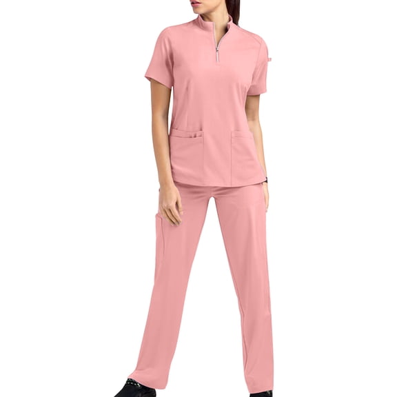 Ynynloco Womens Solid Color 2 Piece Scrubs Set 1/4 Zipper Mock Neck Scrub Tops with Jogger Pants Nursing Uniform Set with Multi Pockets