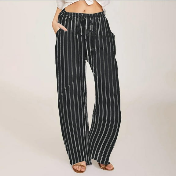 Ynynloco Womens Striped Linen Pants Casual Drawstring Stripe Pants Wide Leg High Waist Cotton Loose Pants