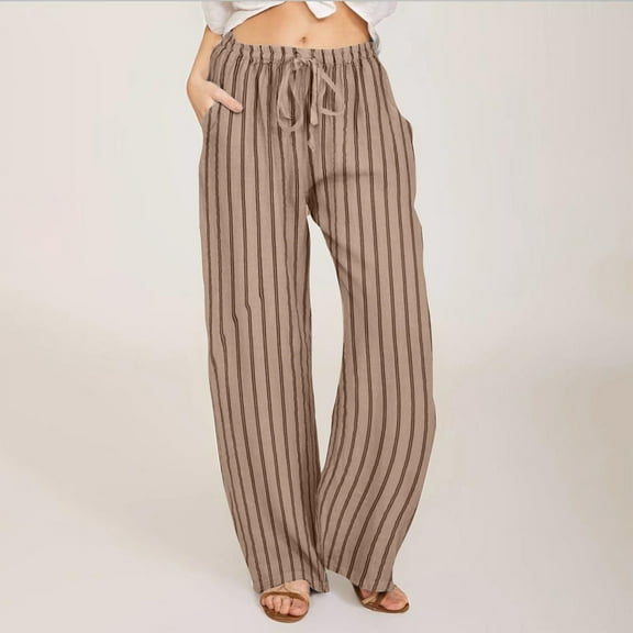 Ynynloco Womens Striped Linen Pants Casual Drawstring Stripe Pants Wide Leg High Waist Cotton Loose Pants