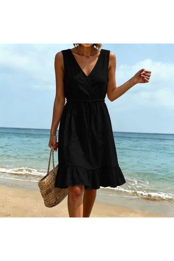 Womens Summer 100% Cotton Dresses Tie Waist V Neck Sleeveless Tiered Ruffle A-Line Tunic Mini Dress Casual Sundress Tank Dress