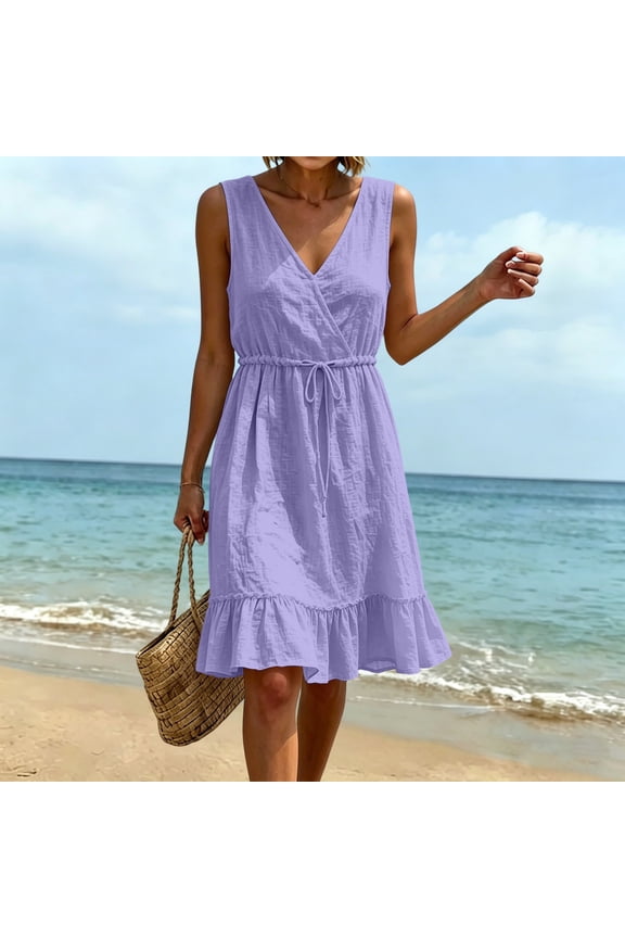 Womens Summer 100% Cotton Dresses Tie Waist V Neck Sleeveless Tiered Ruffle A-Line Tunic Mini Dress Casual Sundress Tank Dress
