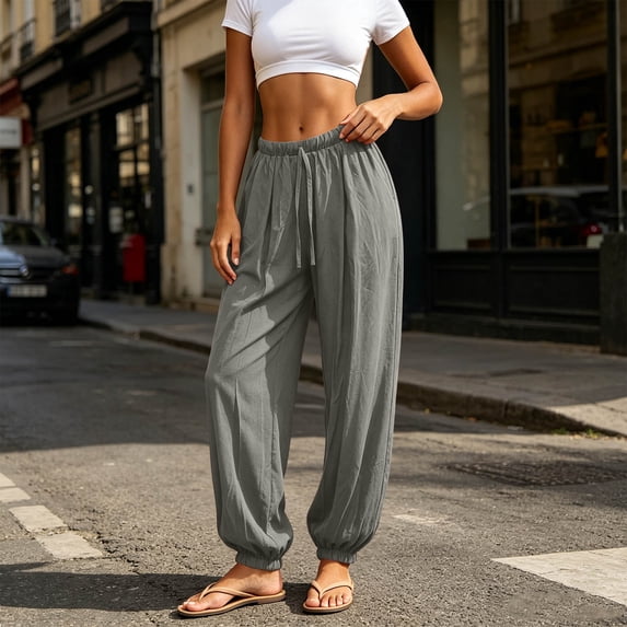Ynynloco Womens Summer Casual Cotton Linen Pants Drawstring Elastic High Waisted Work Trousers Joggers Trendy Harem Pants with Pockets