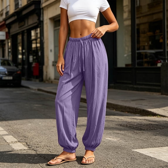 Ynynloco Womens Summer Casual Cotton Linen Pants Drawstring Elastic High Waisted Work Trousers Joggers Trendy Harem Pants with Pockets