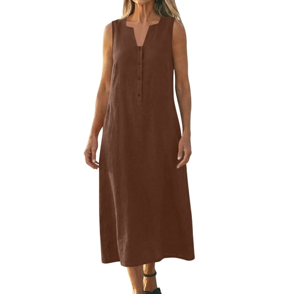 Ynynloco Womens Summer Maxi Dresses Sleeveless Casual Loose Swing Button Down Dress V-Neck Flowy A-Line Sundress