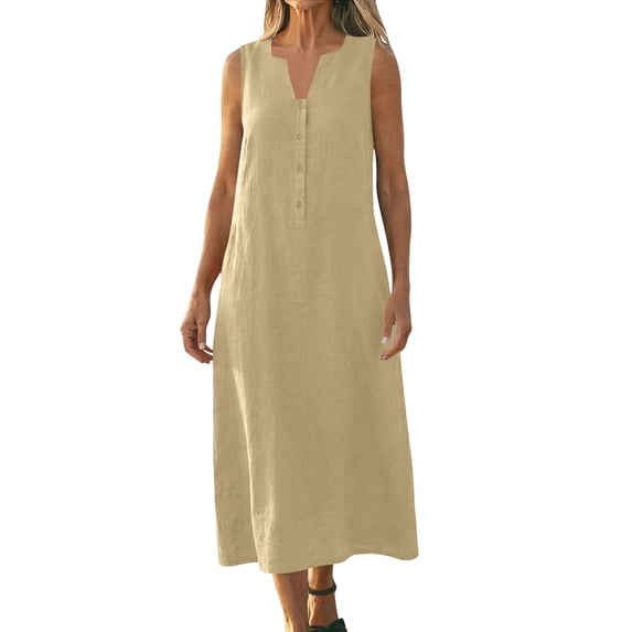 Ynynloco Womens Summer Maxi Dresses Sleeveless Casual Loose Swing Button Down Dress V-Neck Flowy A-Line Sundress