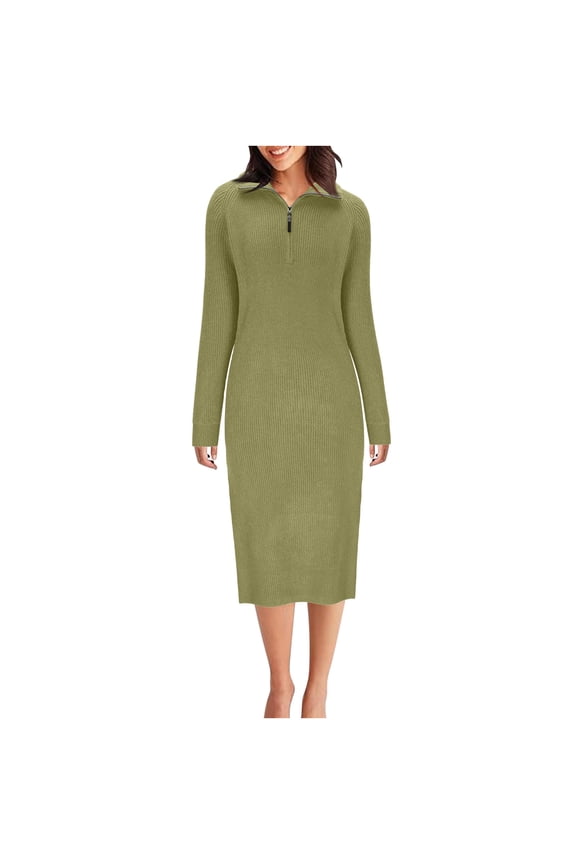 Womens Sweater Dress Quarter Zip Solid Color Long-Sleeve Loose-Fit Knit Dress 2025 Casual Fall Winter Lapel Pullover Tunic Sweaters