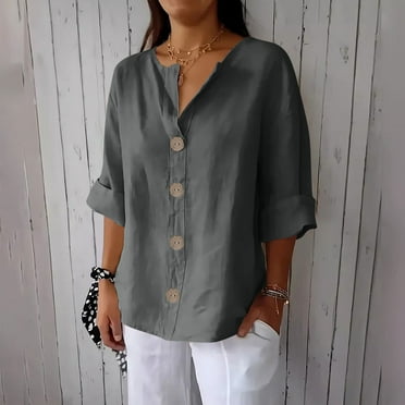 Ynynloco Womens V Neck Button Down Linen Shirts Short Sleeve Casual Blouses Summer Tops