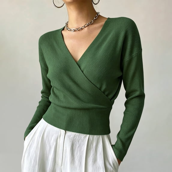 Ynynloco Womens V Neck Wrap Fall Sweater Long Sleeve Slim-Fitted Knitted Jumper Top Casual Pullover Knit Tops