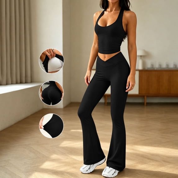 Ynynloco Womens Workout Sets 2 Piece Spaghetti Straps Crop Top High Waist Tummy Control Flared Leg Yoga Pants Yoga Pilates Outfits