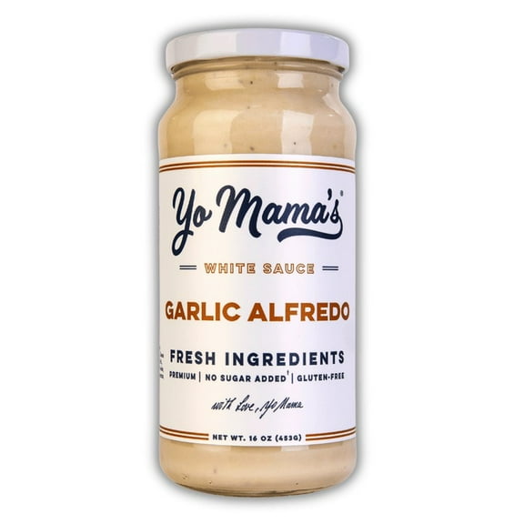 Yo Mamas Foods Roasted Garlic Alfredo Sauce, 16 oz, All-Natural, Gluten-Free, No Sugar Added, Sauce