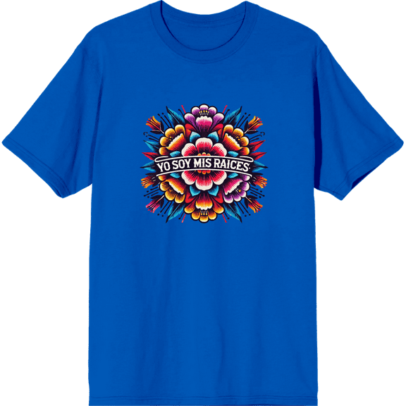 Yo Soy Mis Raices Floral Art Adult Royal Blue Crew Neck Short Sleeve Tee-XL
