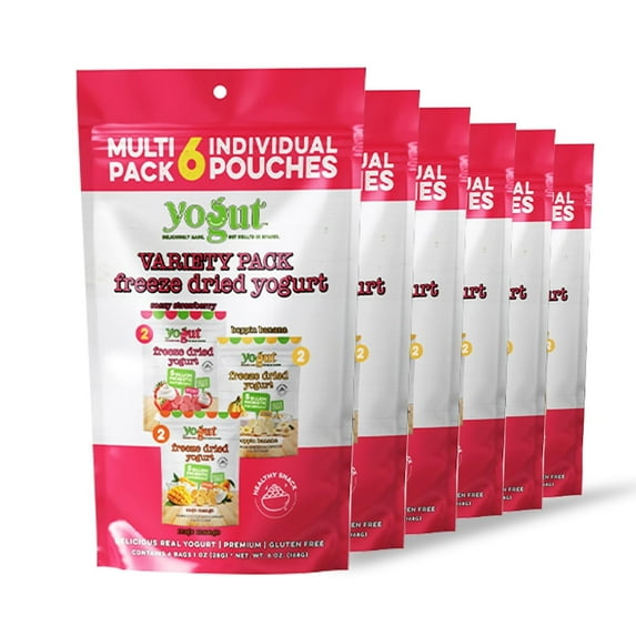 YoGut Freeze Dried Yogurt Snack, Variety Pack, 6 Pack, Healthy Snacks for Kids, Toddlers & Adults, Gluten Free, With 5 Billion Probiotics Cultures, Vitamins & Minerals, Individual Snack Packs