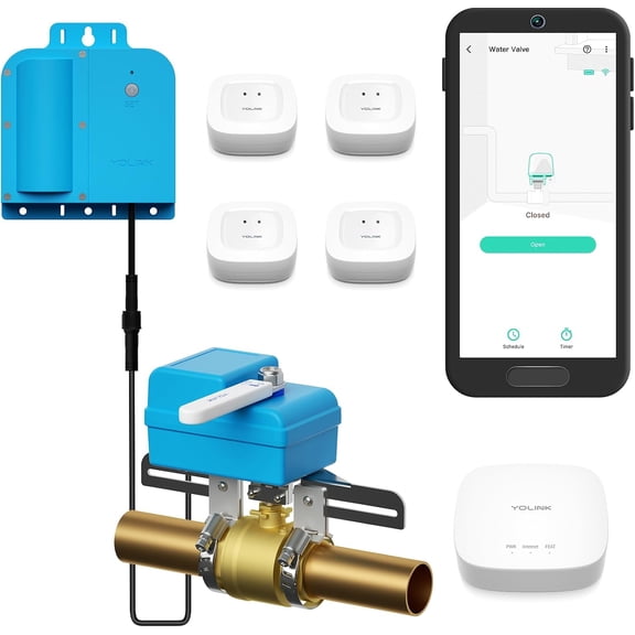 YoLink DIY Automatic Water Leak Detection & Shut-Off Starter Kit, Valve Operator, X3 version Wireless Valve Controller, (4) Leak Sensors, Hub