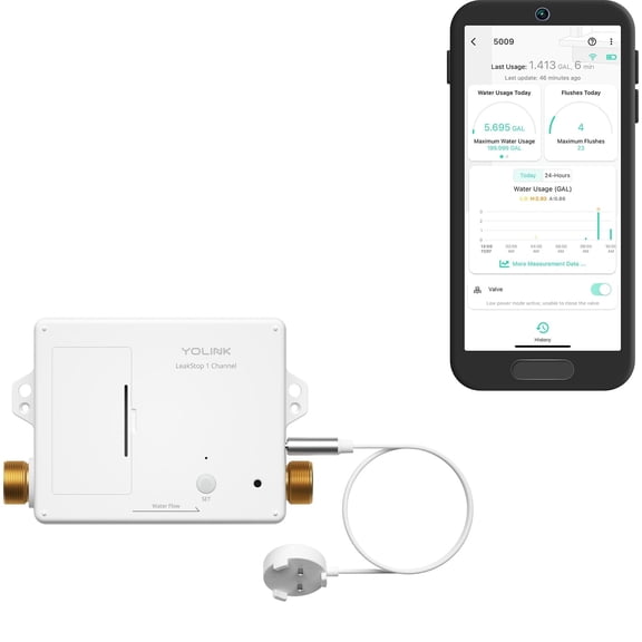 YoLink LeakStop 1 Channel Leak Detector, Stops Running Water in Home, Office, or Apartment Toilets & Sinks, Auto Shutoff Valve, Prevents Water Waste, Real-Time Monitoring, Hub Required