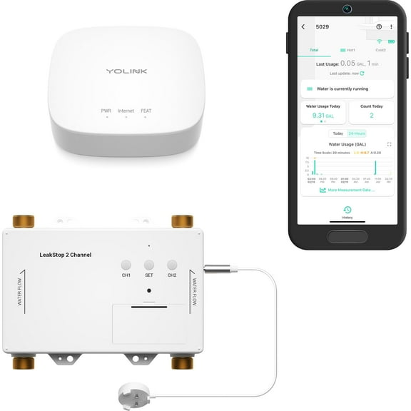 YoLink LeakStop 2 Washing Machine Leak Detector with Auto Shut-Off, Hot & Cold Water Valves, Flow Monitoring, 2 AA Battery Powered, LoRa Smart System, Hub Included