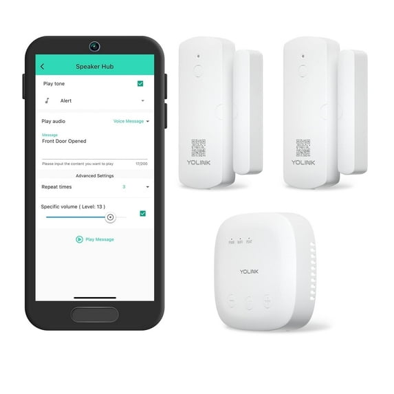 YoLink LoRa Smart Door Sensor Starter Kit: SpeakerHub Audio Hub & 2 Door Sensors - Up to 1/4 Mile Range, Door Left-Open Reminders, up to 5 Year Batteries, Alexa, IFTTT, Home Assistant