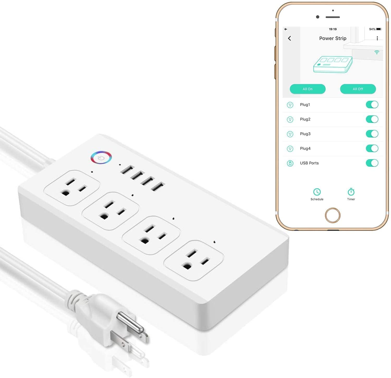 Wifi Smart Power Strip 4EU 4USB Outlets Plug 5V3.1A Charging Port Timing  Bluetooth Control with Alexa Google Home Assistant