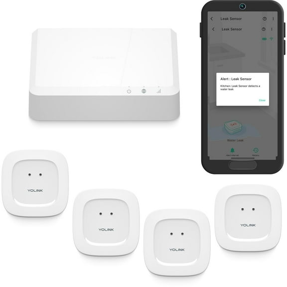 YoLink Smart Home Kit: 4G LTE Cellular Hub & Water Sensor 4-Pack, No Internet Required with a Subscription, SMS, Email & Push Notifications, LoRa Up to 1/4 Mile Range, Alexa, IFTTT, Home Assistant