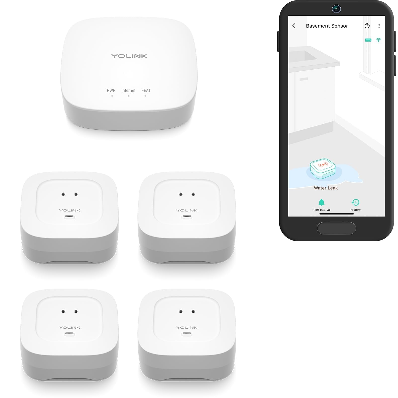 White App-Controlled Smart Water Leak Detection Kit with Alarm