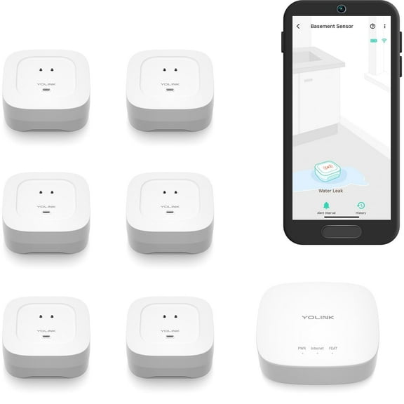 YoLink Smart Home Starter Kit: Hub & Water Leak Sensor 4 with 105dB Audio Alarm 6-Pack, SMS/Text, Email & Push Notifications, Freeze Warning, LoRa Up to 1/4 Mile Open-Air Range, w/Alexa, IFTTT